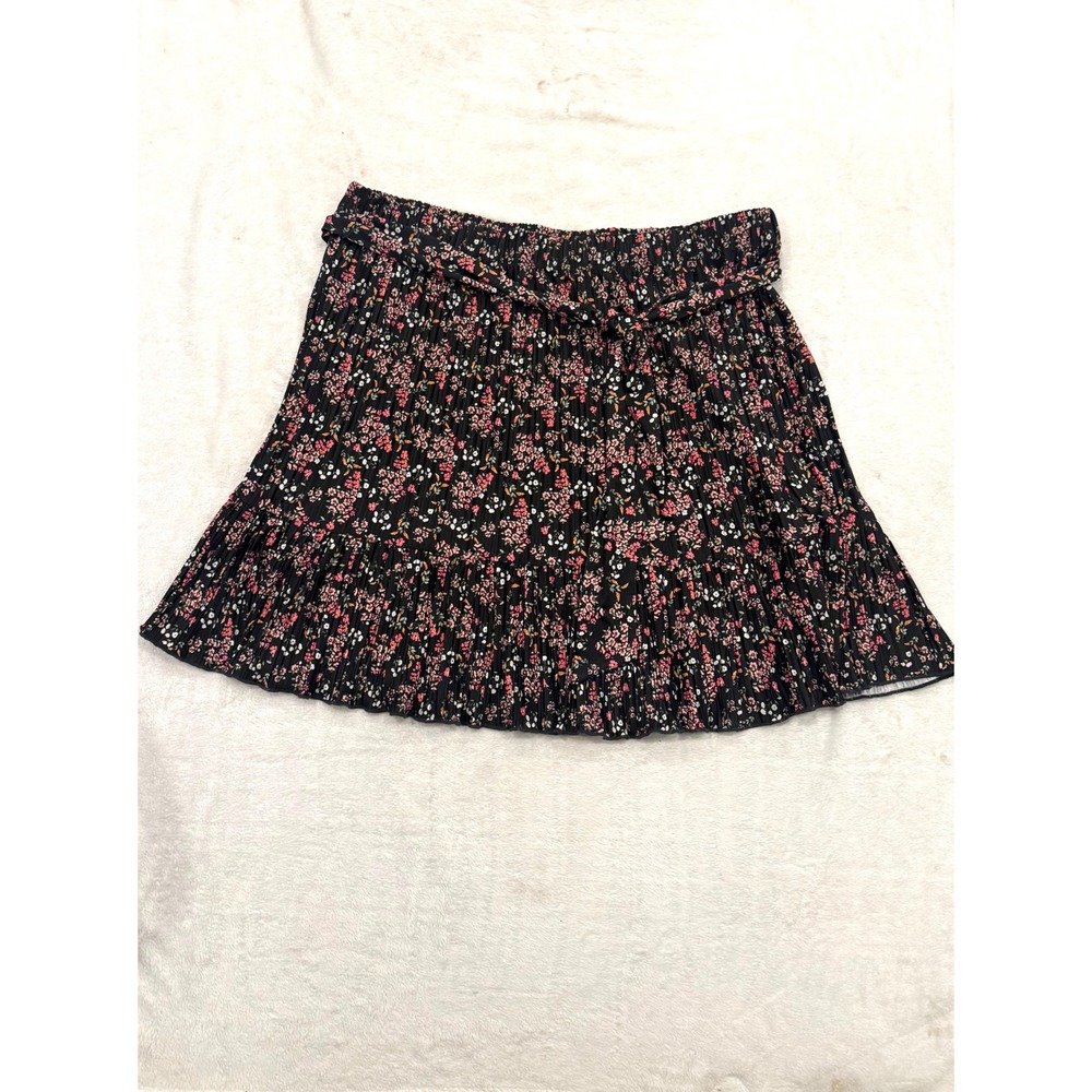 Loft Floral Pleated Mini Skirt Black Pink XL NWT 522602 Tiered Plisse Belted